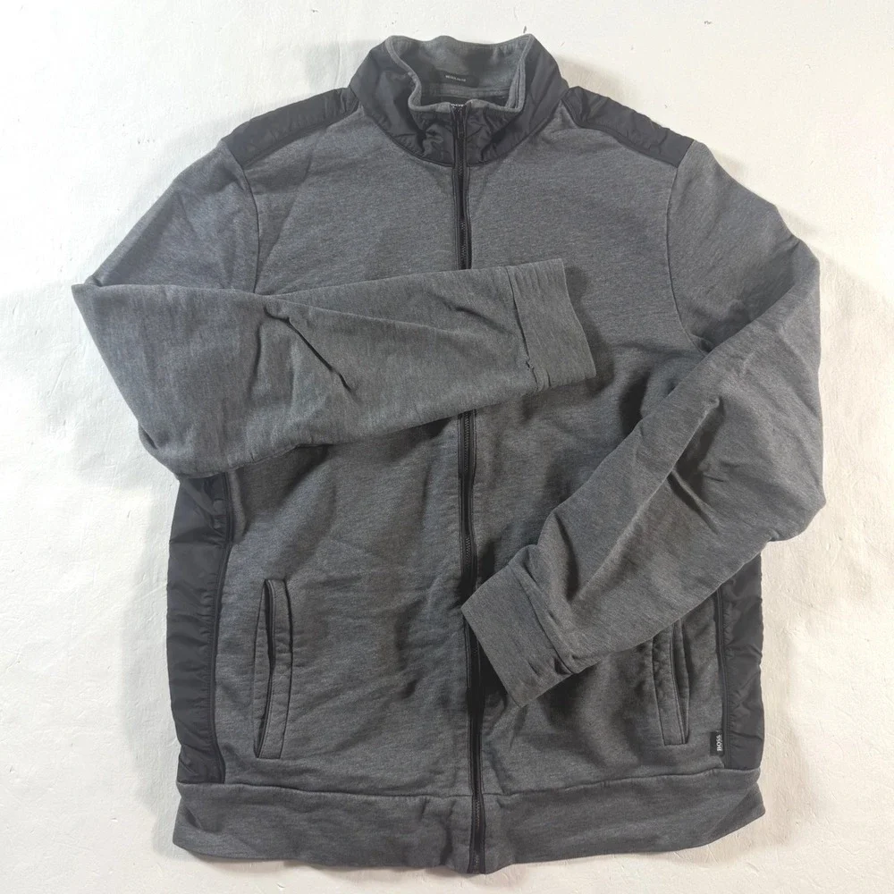 Hugo Boss Full Zip Jacket Mens L‎ Grey Black Mixed Media Quilted Regular Fit